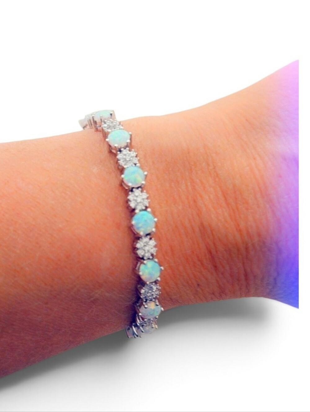 925 Sterling Silver Opal & Topaz Tennis Bracelet